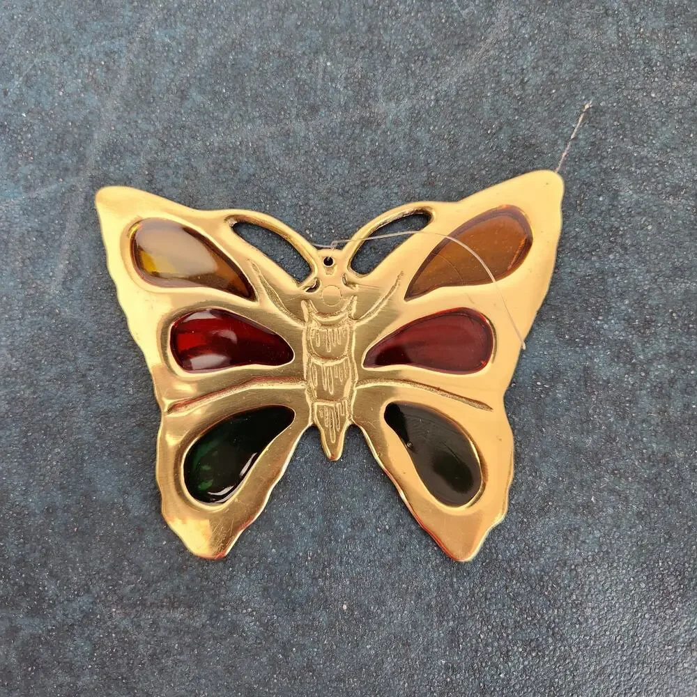 Vintage Brass & Glass Butterfly Suncatcher Hanging Decor Collectible